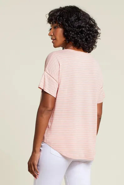 Back image of Tribal short sleeve crew neck top with pocket. Sunset striped crew neck top.