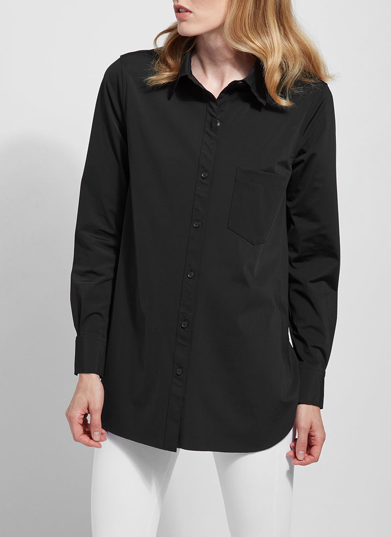 Front view of Lysse Shiffer button down top. Long sleeve button front black top.