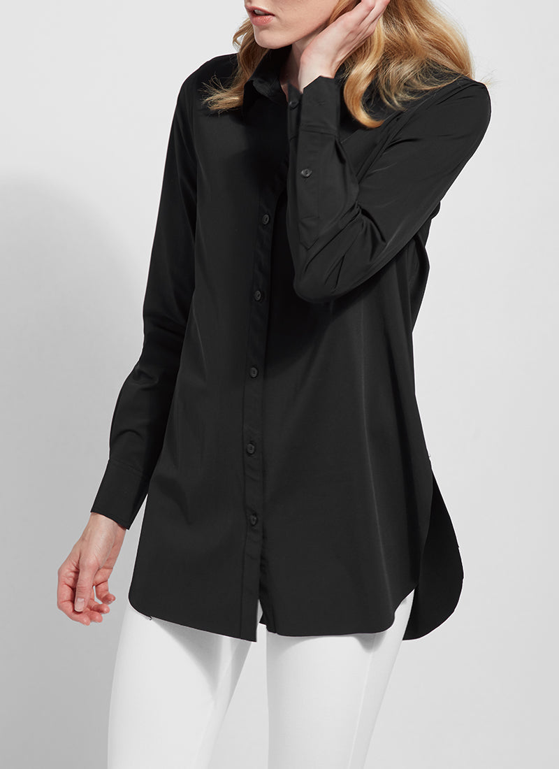Front view of Lysse Shiffer button down top. Long sleeve button front black top.