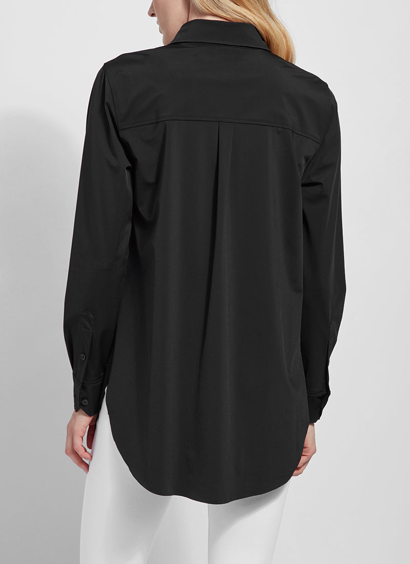 Back view of Lysse Shiffer button down top. Long sleeve button front black top.