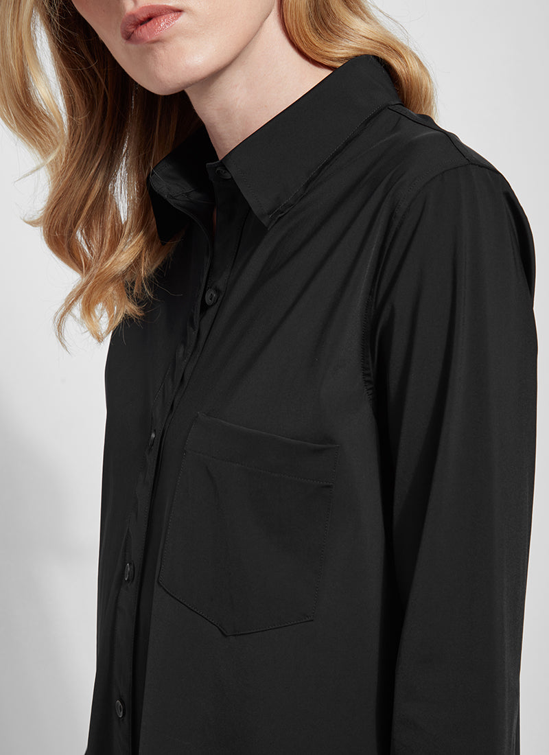 Collar view of Lysse Shiffer button down top. Long sleeve button front black top.
