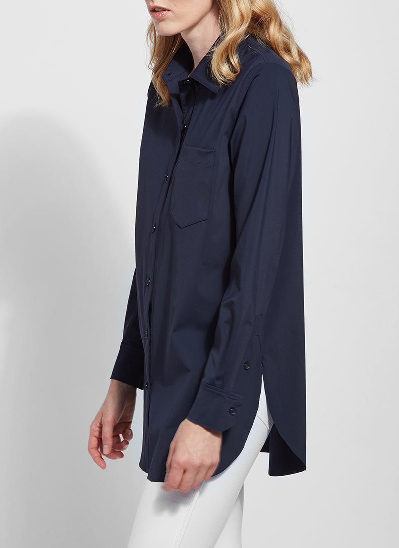 Side view of Lysse schiffer button down top. True navy long sleeve top.
