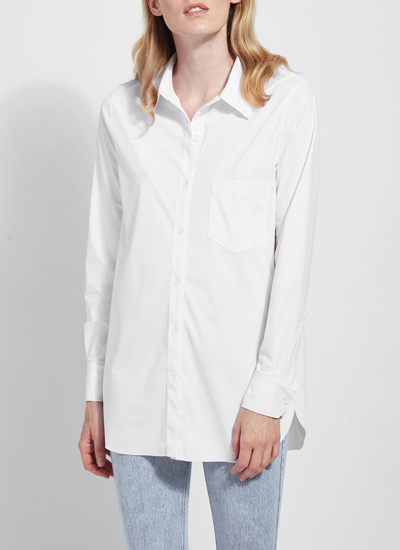 Front view of Lysse schiffer button down shirt. White long sleeve top.