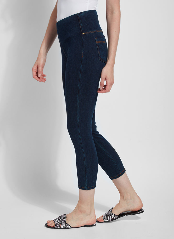 Side view of Lysse toothpick denim crop pant. Pull on indigo blue. 
