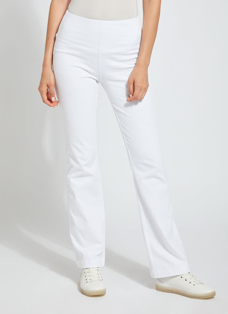 Front view of Lysse baby bootcut denim pants in white. Pull on lysse pants.