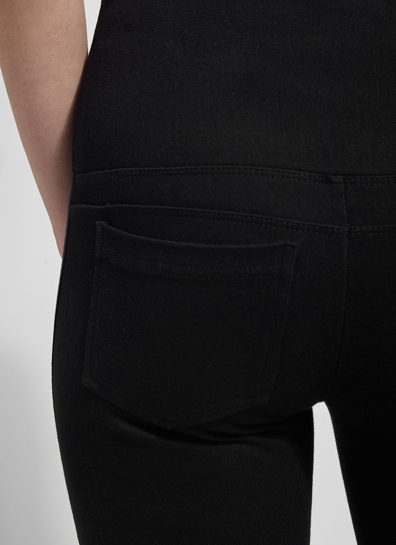 Back pocket view of Lysse denim straight leg pant. Pull on black pant.