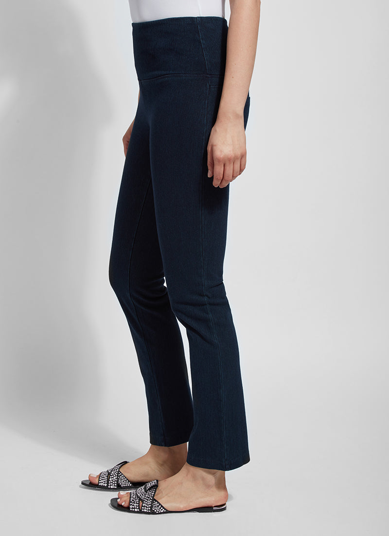 Side view of Lysse denim straight leg pant in indigo. Pull on pant.