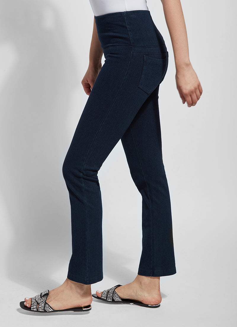 Side view of Lysse denim straight leg pant in indigo. Pull on pant.