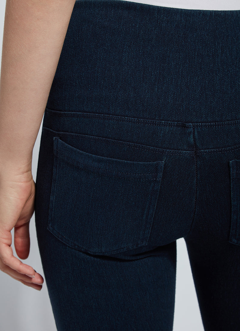 Back pocket view of Lysse denim straight leg pant in indigo. Pull on pant.