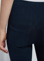 Back pocket view of Lysse denim straight leg pant in indigo. Pull on pant. 
