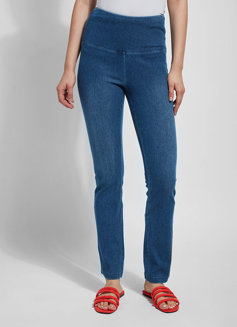 Front view of Lysse denim straight leg pant. Pull on pant in midwash blue.