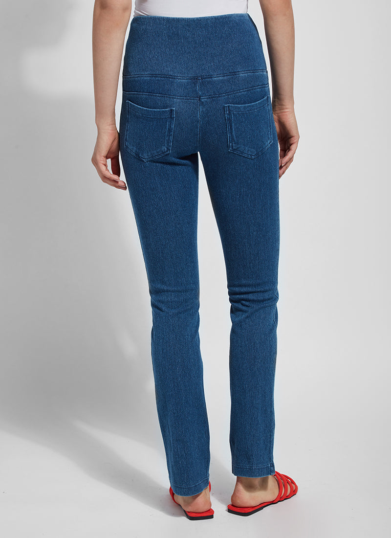 Back view of Lysse denim straight leg pant. Pull on pant in midwash blue.