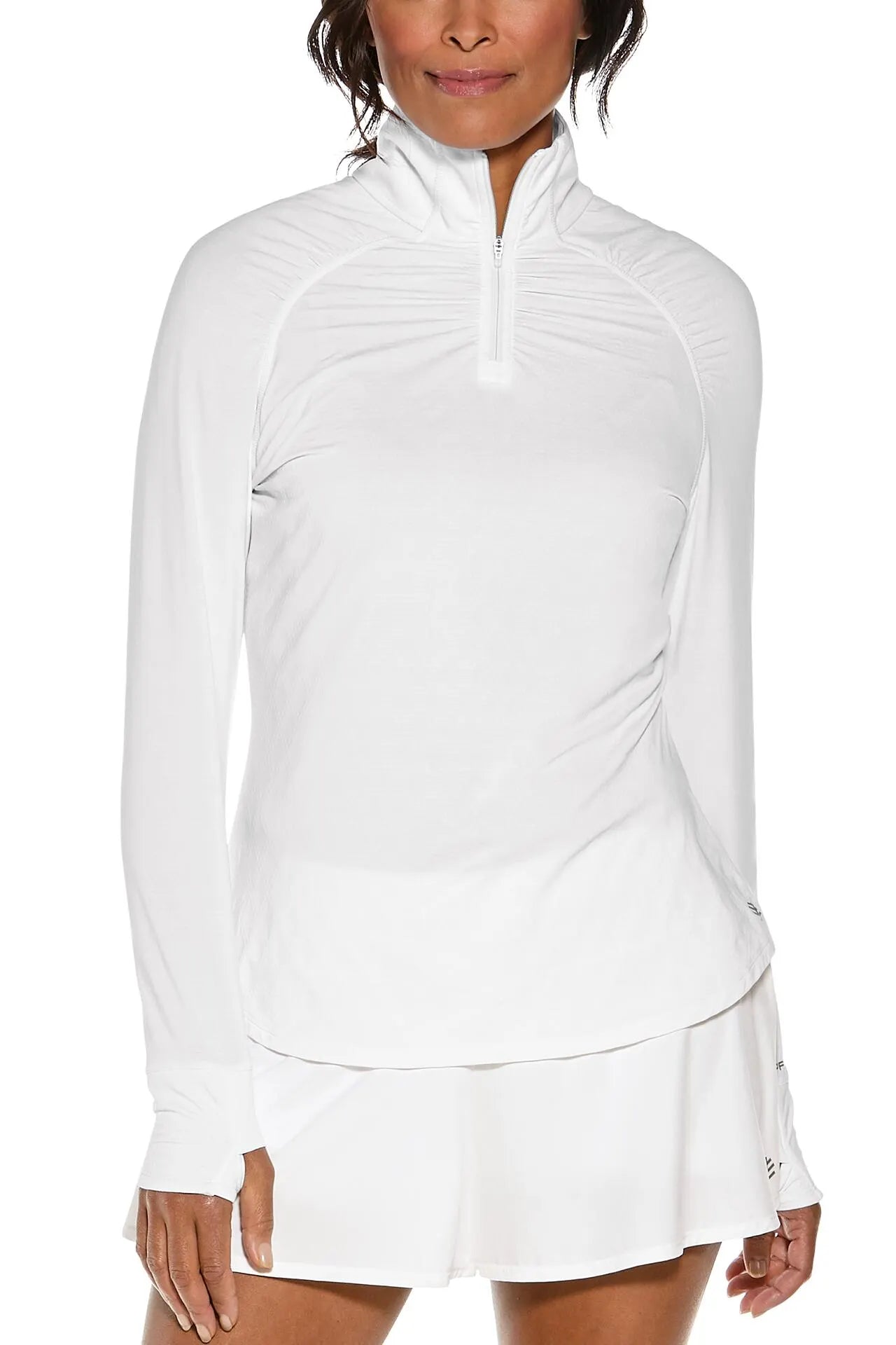 Front View Image of Coolibar UPF 50+ White Diamond Jacquard Long Sleeve Quarter Zip Jacket. Arabella Quarter Zip Pullover