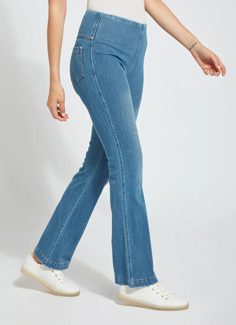 Side View Image Lysse of Mid Wash Pull On Jeans with back pockets, Baby Bootcut Denim
