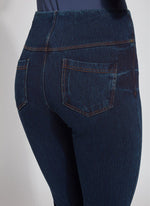 Back View Close Up Image of Indigo jeans with back pockets and cuffed leg, Boyfriend Denim