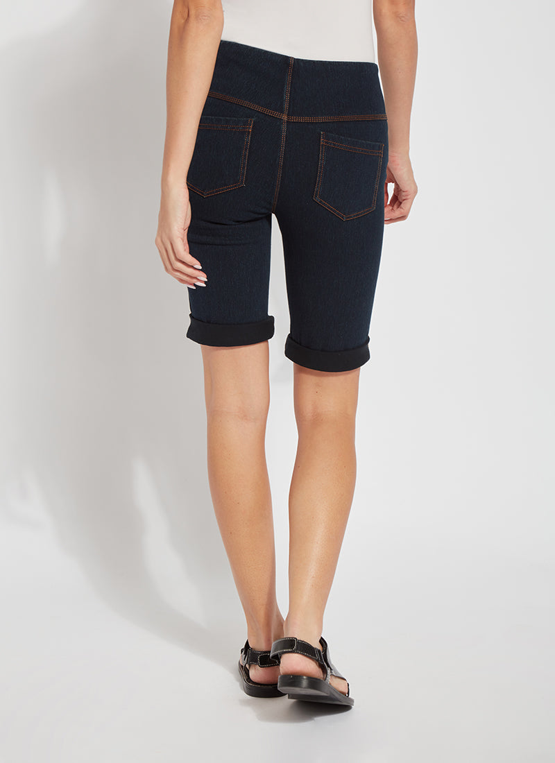 Back view of Lysse pull on boyfriend shorts. Indigo blue shorts.