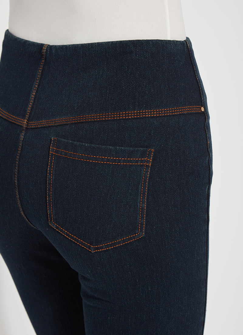 Back pocket view of Lysse pull on boyfriend shorts. Indigo blue shorts.