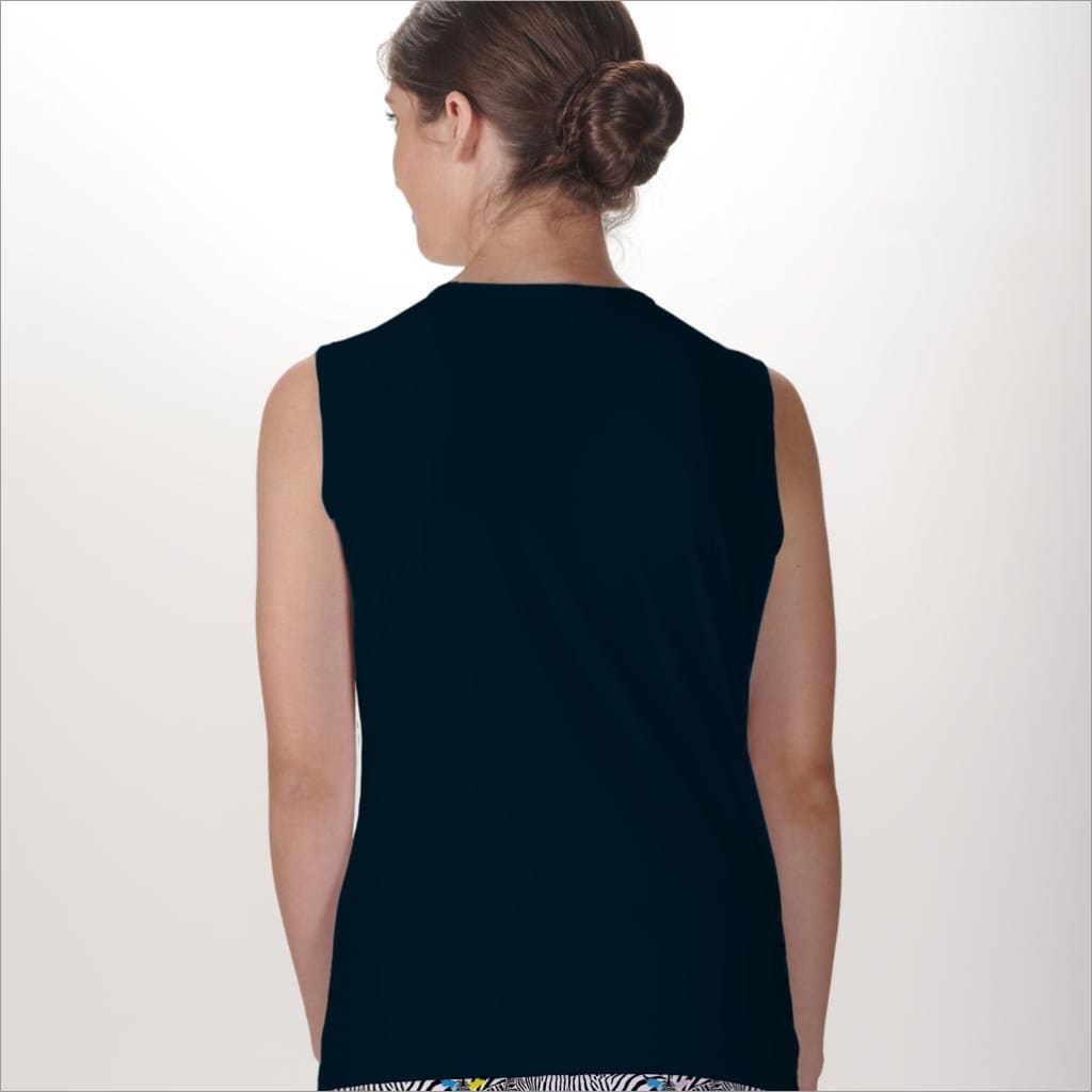 Back image of Skort Obsession sleeveless crew neck tank. Black basic solid tank top.