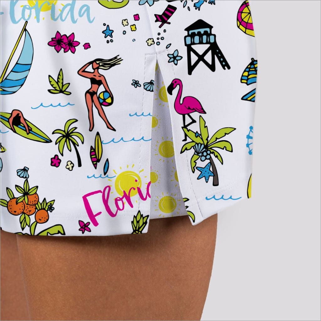 Front detail image of skort obsession pull on skort. Sunshine state florida print.