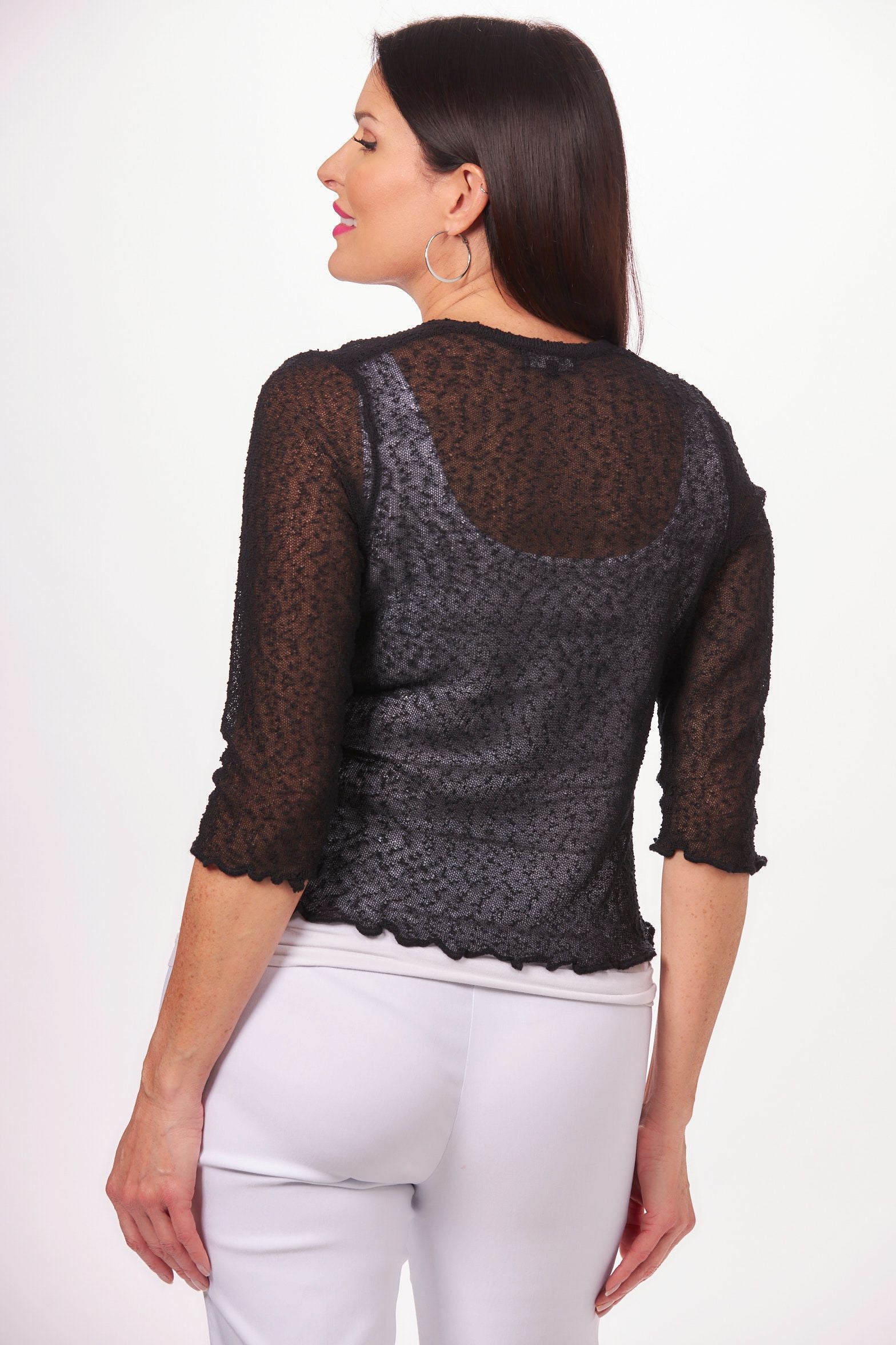 Back image of Papa Fashions black knit shrug. 3/4 sleeve lightweight top.