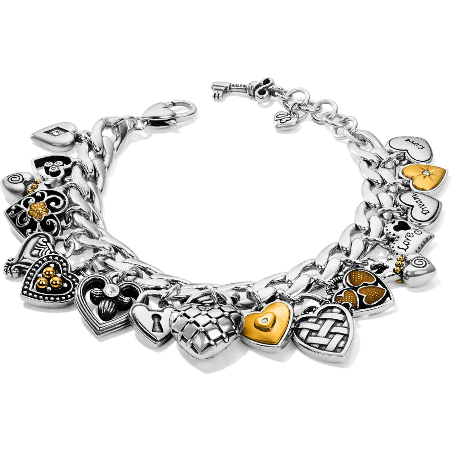 Front image of Brighton one heart charm bracelet. Brighton silver charm bracelet.
