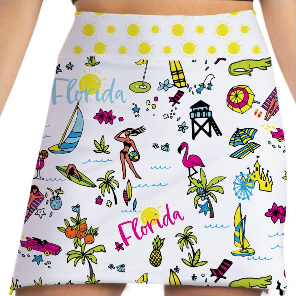Front image of skort obsession pull on skort. Sunshine state florida print.