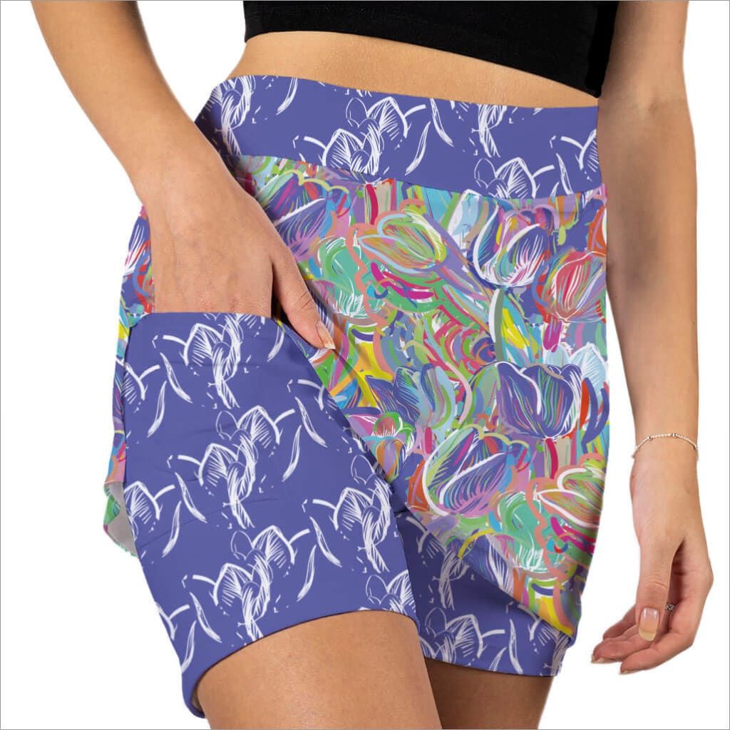 Front image of Skort Obsession pull on spring fling skort. Multicolor printed skort.