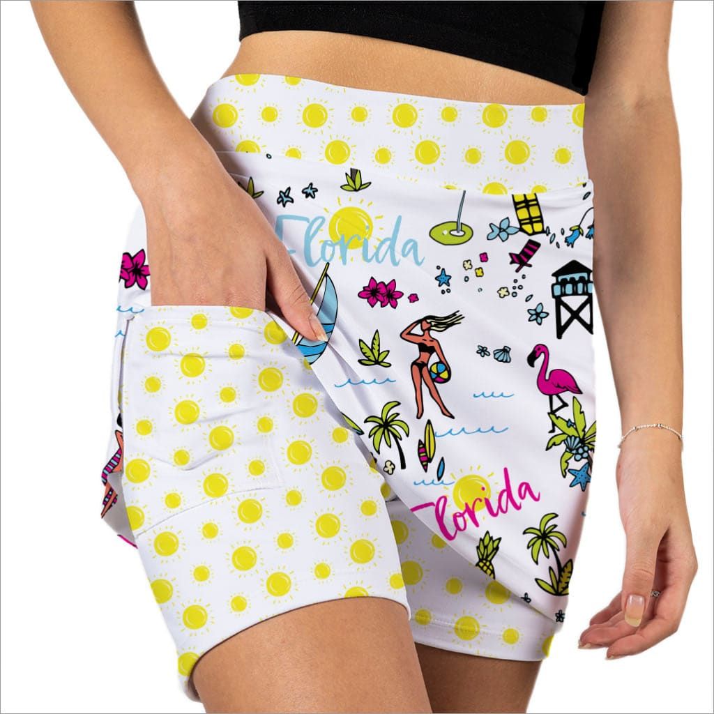 Front image of skort obsession pull on skort. Sunshine state florida print.