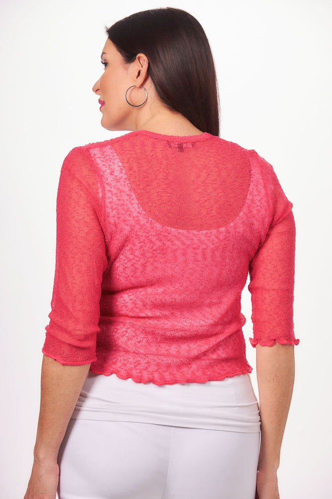 Back image of papa fashions 3/4 sleeve knit shrug. Magenta pink lightweight shrug. 