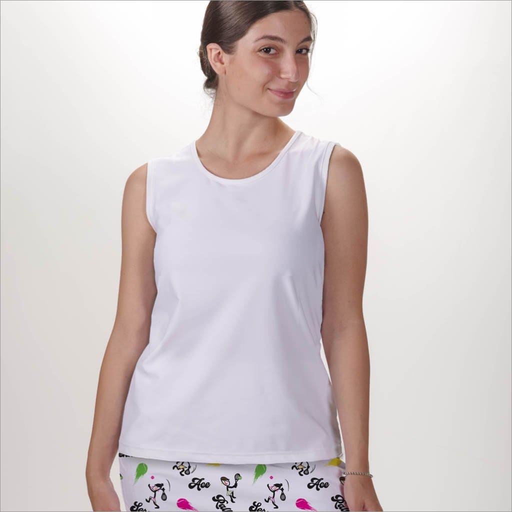 Front image of Skort Obsession sleeveless crew neck top. White basic tank top.