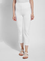 Front image of white cropped kick flare. Pull on cropped bottoms in white by Lysse. 
