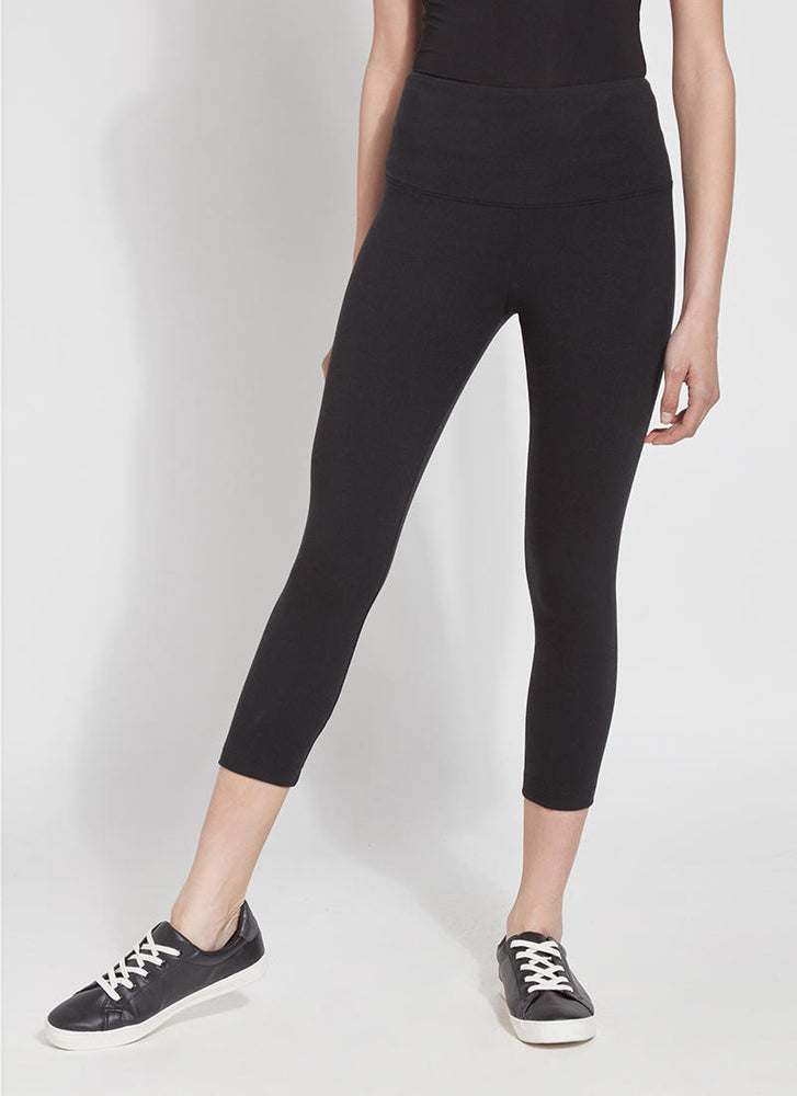 Front image of Lysse Flattering Cotton Crop Leggings. Solid black basic pull on cropped leggings. 