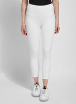 Front image of Lysse flattering crop leggings. Pull on white capri bottoms. 