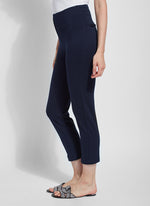 Side image of Lysse wisteria ankle pant. True navy pull on ankle pants.