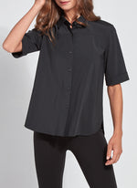 Front image of Lysse Josie Short Sleeve Button Down top. Black short sleeve top. 