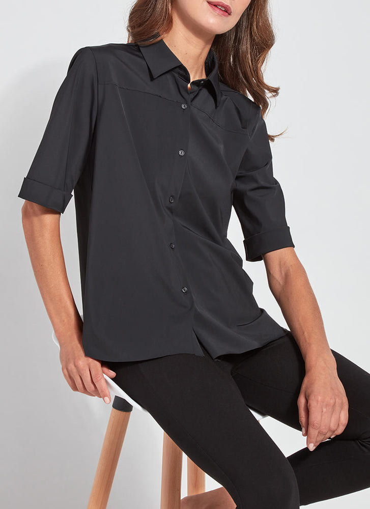 Front image of Lysse Josie Short Sleeve Button Down top. Black short sleeve top. 