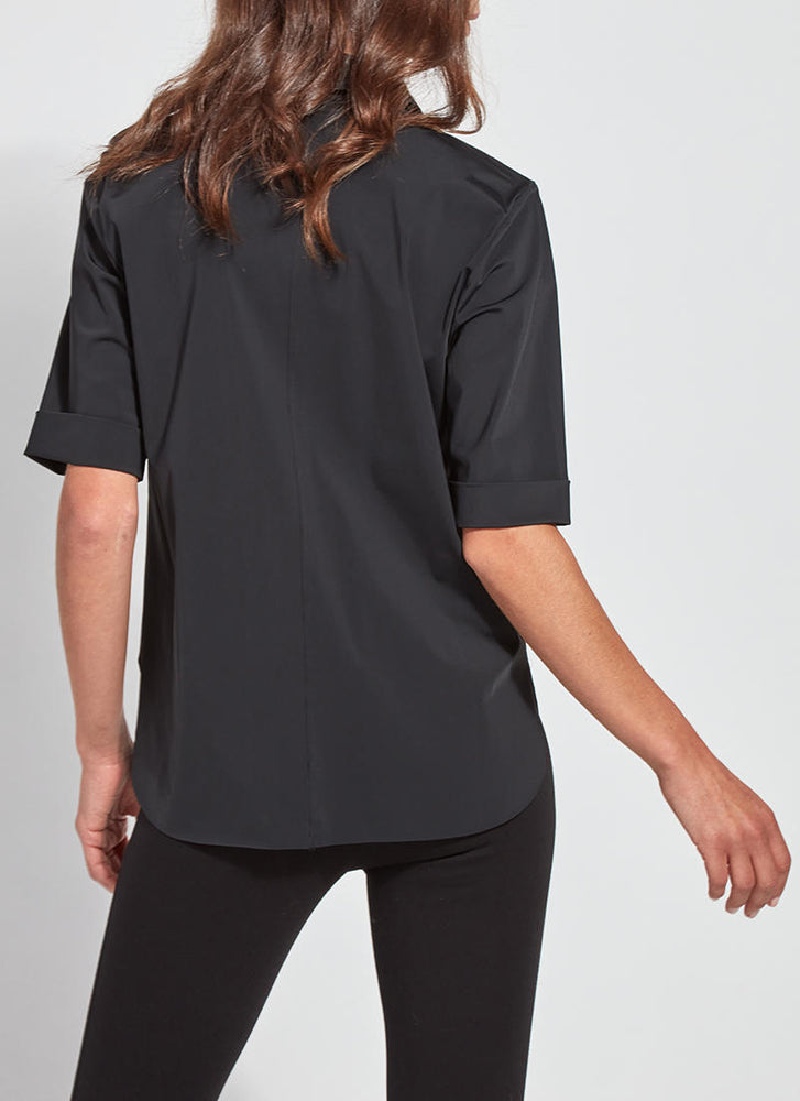 Back image of Lysse Josie Short Sleeve Button Down top. Black short sleeve top. 