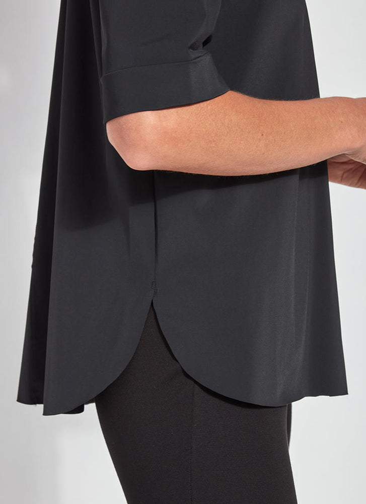 Detail image of Lysse Josie Short Sleeve Button Down top. Black short sleeve top. 