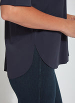Front detail image of Lysse Josie Short Sleeve Button Down top. True navy short sleeve top. 
