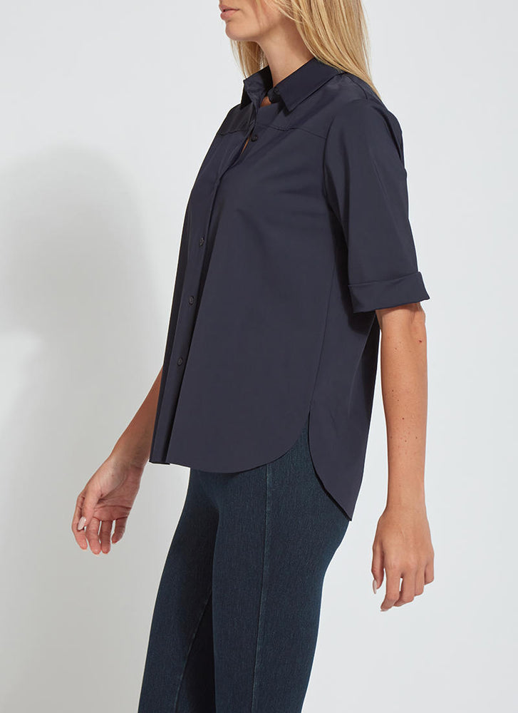 Side image of Lysse Josie Short Sleeve Button Down top. True navy short sleeve top. 