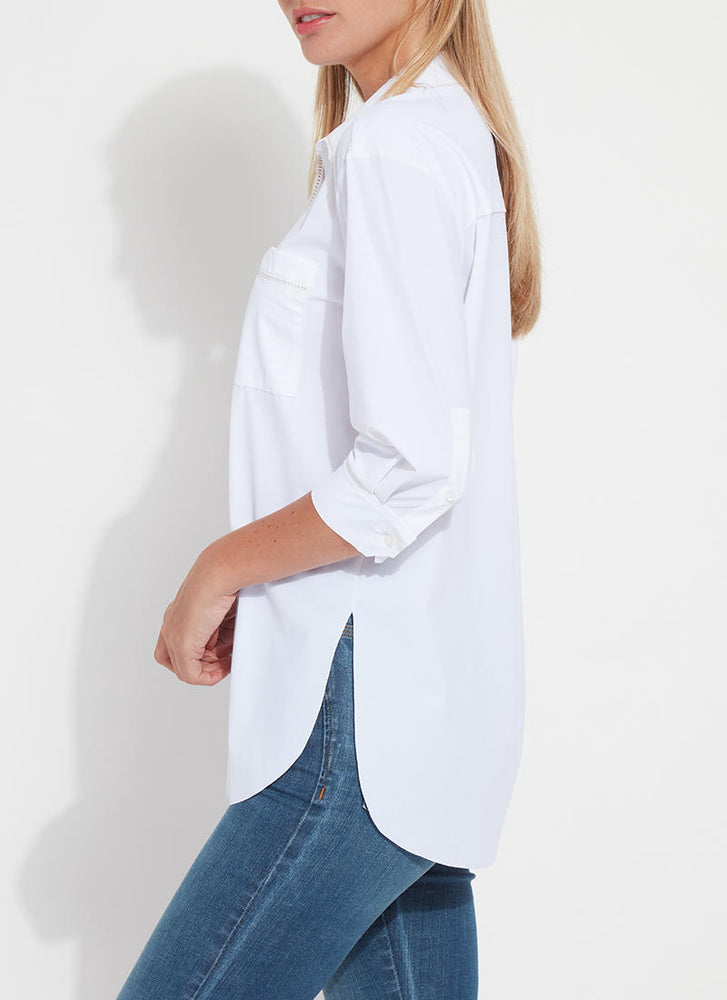 Side image of Lysse Belynda 3/4 Sleeve Shirt. White button up blouse by lysse. 