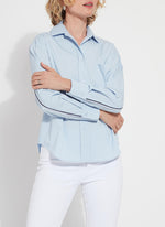 Front image of Lysse Sofia Striped Cropped Shirt. Oxford blue long sleeve blouse by lysse. 