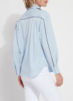 Back image of Lysse Sofia Striped Cropped Shirt. Oxford blue long sleeve blouse by lysse. 