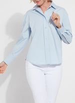 Front image of Lysse Sofia Striped Cropped Shirt. Oxford blue long sleeve blouse by lysse. 