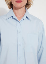 Front detail image of Lysse Sofia Striped Cropped Shirt. Oxford blue long sleeve blouse by lysse. 
