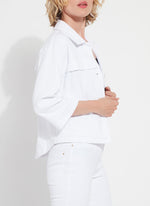 Side image of Lysse Remi 3/4 Sleeve Denim Jacket. White button front jacket by Lysse. 