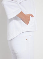 Side detail image of Lysse Remi 3/4 Sleeve Denim Jacket. White button front jacket by Lysse. 