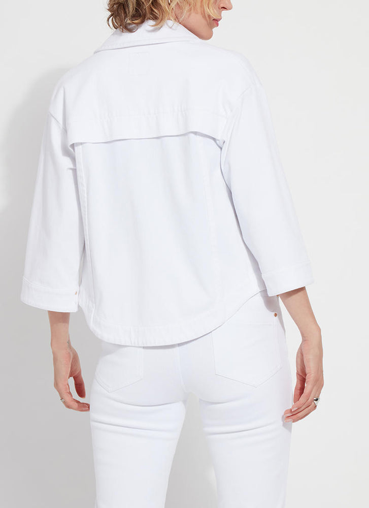 Back image of Lysse Remi 3/4 Sleeve Denim Jacket. White button front jacket by Lysse. 