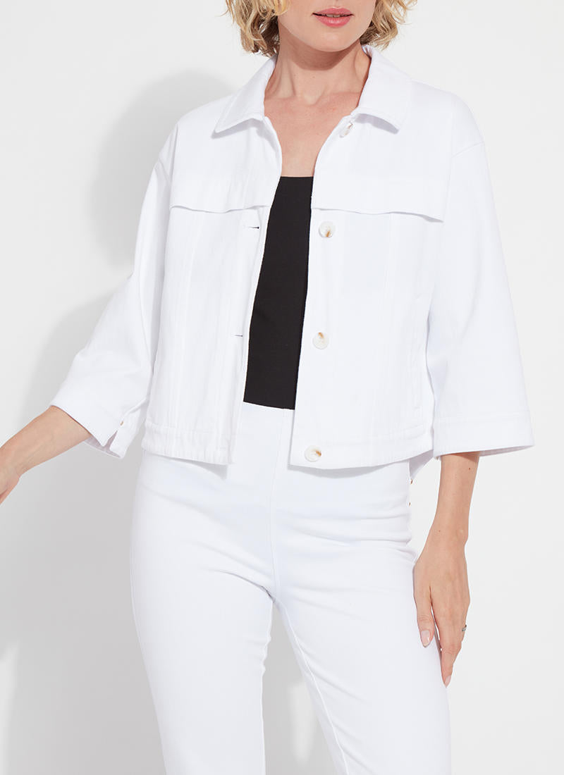 Front image of Lysse Remi 3/4 Sleeve Denim Jacket. White button front jacket by Lysse. 