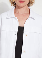 Front image of Lysse Remi 3/4 Sleeve Denim Jacket. White button front jacket by Lysse. 
